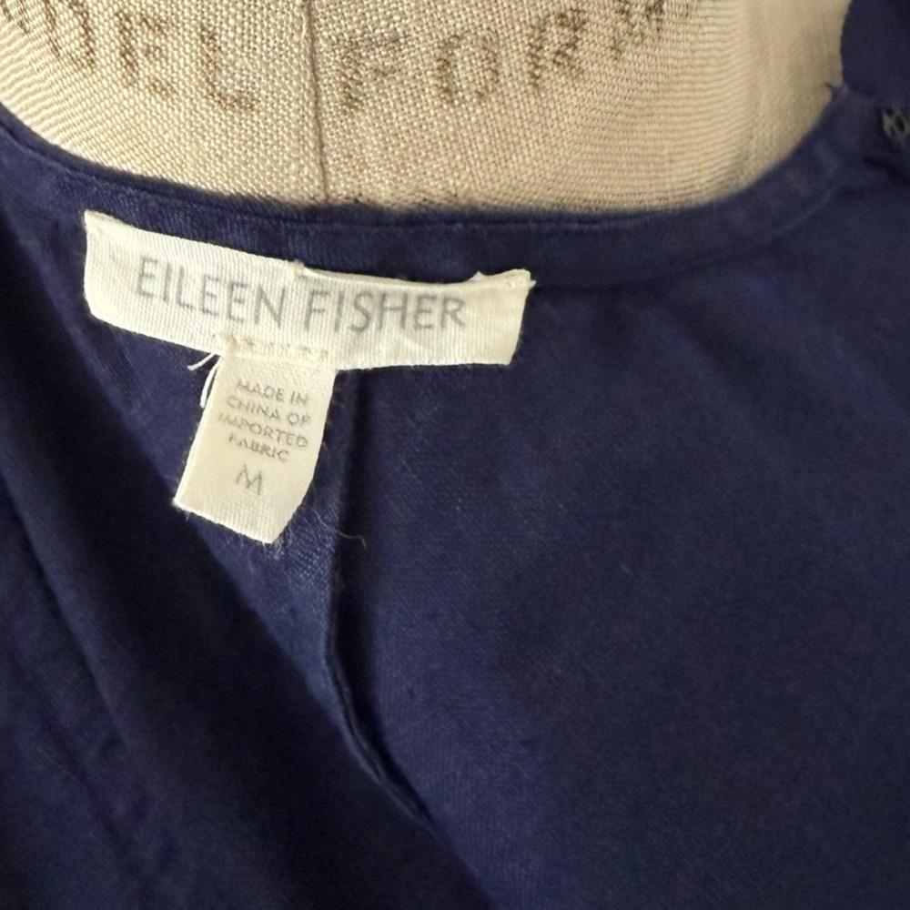 Eileen Fisher Irish Linen Dress Size M Navy Stitched Handkerchief Hem V Neck - Picture 3 of 13